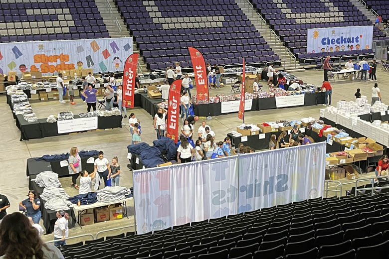 Wide photo of the 2023 Back to School Clothing Drive, held at GCU Arena in Phoenix, Arizona